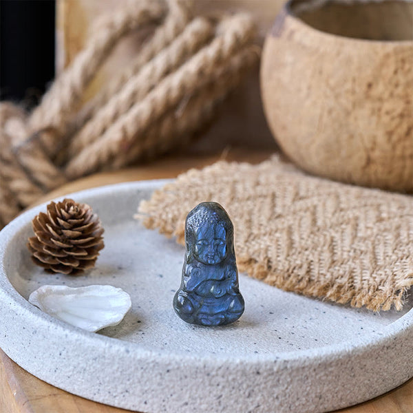 Natural Labradorite Buddha Figurine Mini Crystal Healing Statue – on wooden shelf, zen spiritual home decoration piece