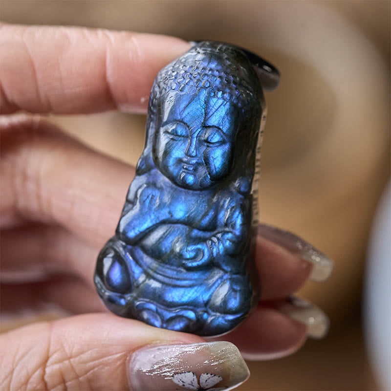 Natural Labradorite Buddha Figurine Mini Crystal Healing Statue – hand holding tiny buddha, pocket crystal healing stone