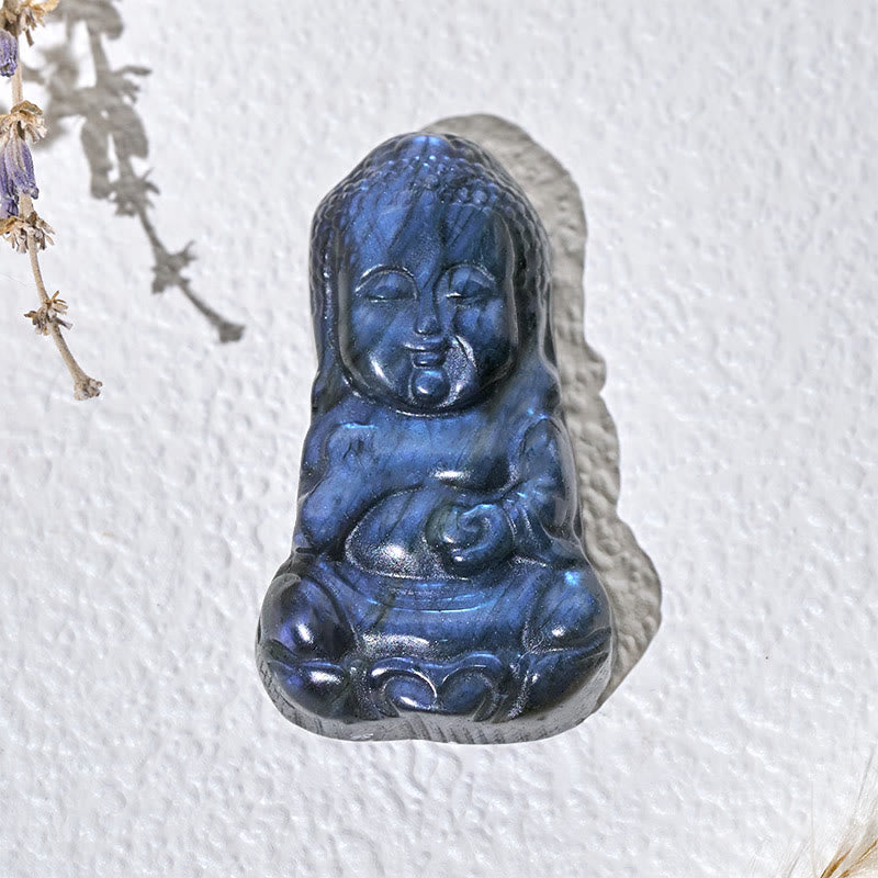 Natural Labradorite Buddha Figurine Mini Crystal Healing Statue – side angle mini carving detail, meditation altar decor