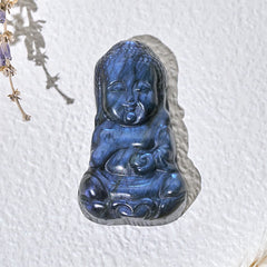 Natural Labradorite Buddha Figurine Mini Crystal Healing Statue – side angle mini carving detail, meditation altar decor