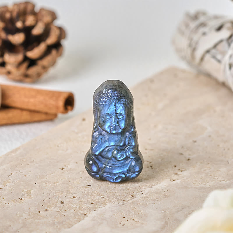 Natural Labradorite Buddha Figurine Mini Crystal Healing Statue – front view small buddha statue, blue flash gemstone