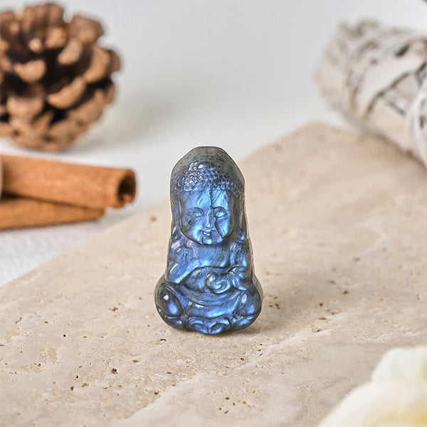 Natural Labradorite Buddha Figurine Mini Crystal Healing Statue – front view small buddha statue, blue flash gemstone