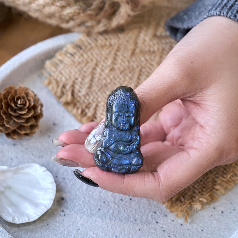 Natural Labradorite Buddha Figurine Mini Crystal Healing Statue – close-up of schiller effect, iridescent labradorite