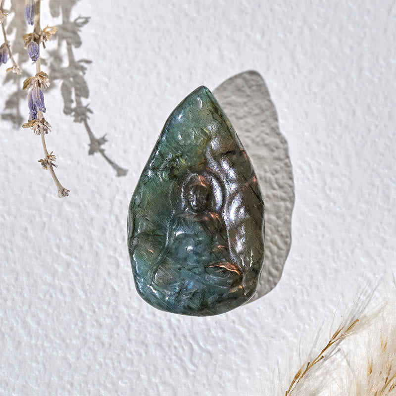 Natural Labradorite Buddha Teardrop Figurine Healing Crystal Decor – miniature buddha front view, blue flash labradorite stone