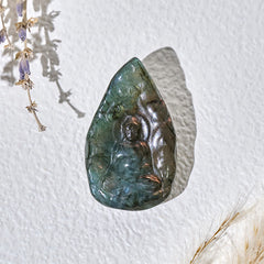 Natural Labradorite Buddha Teardrop Figurine Healing Crystal Decor – miniature buddha front view, blue flash labradorite stone
