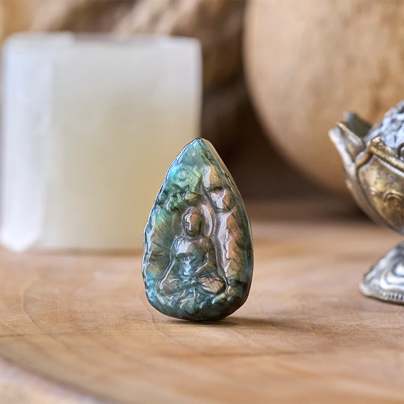 Natural Labradorite Buddha Teardrop Figurine Healing Crystal Decor – side profile teardrop carving, meditation altar figurine