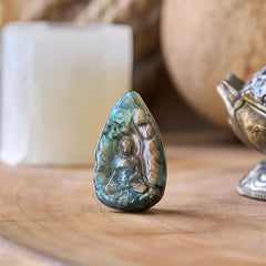 Natural Labradorite Buddha Teardrop Figurine Healing Crystal Decor – side profile teardrop carving, meditation altar figurine