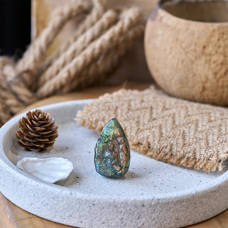 Natural Labradorite Buddha Teardrop Figurine Healing Crystal Decor – back view teardrop finish, natural gemstone sculpture