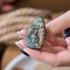 Natural Labradorite Buddha Teardrop Figurine Healing Crystal Decor – close-up labradorite schiller effect, iridescent crystal