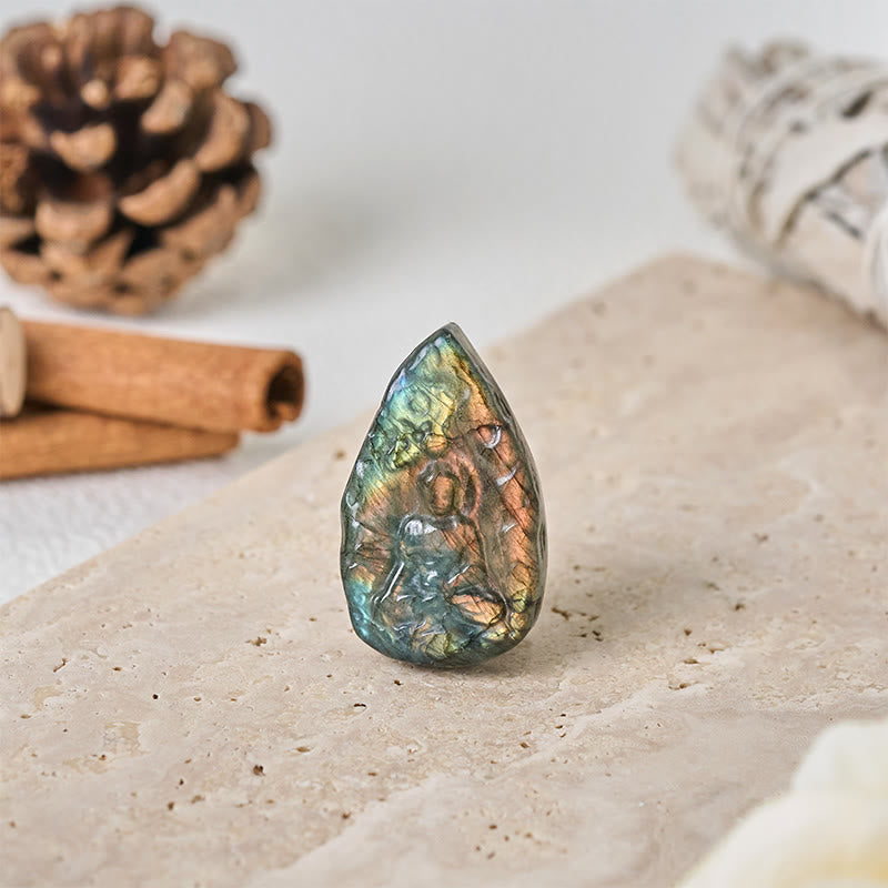 Natural Labradorite Buddha Teardrop Figurine Healing Crystal Decor – hand holding buddha statue, pocket healing crystal