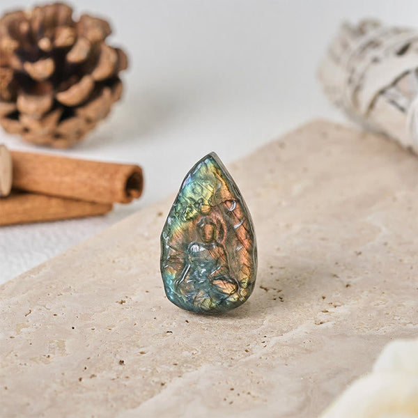 Natural Labradorite Buddha Teardrop Figurine Healing Crystal Decor – hand holding buddha statue, pocket healing crystal