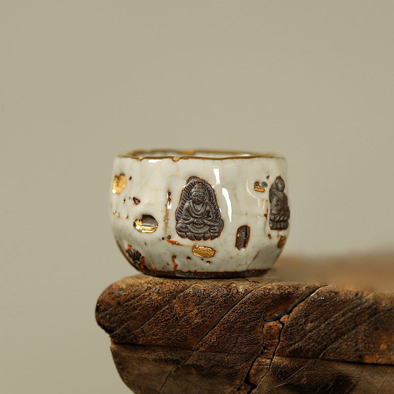 Hand-painted Dunhuang Buddha Shino Ceramic Teacup Kung Fu Tea Cup – foot ring and unglazed base, traditional pottery