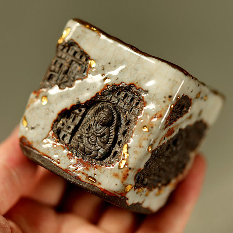 Hand-painted Dunhuang Buddha Shino Ceramic Teacup Kung Fu Tea Cup – Shino glaze texture with orange flecks, ceramic detail