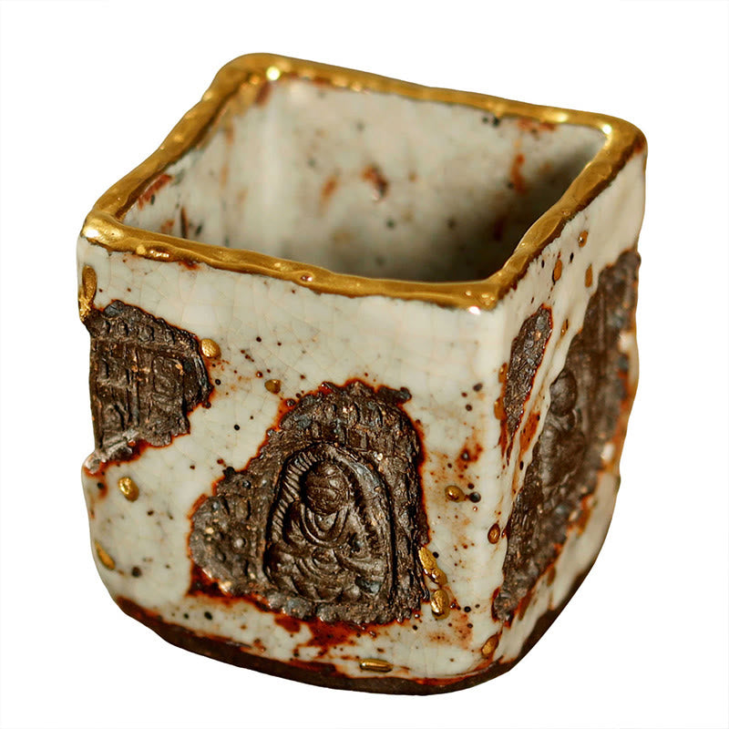 Hand-painted Dunhuang Buddha Shino Ceramic Teacup Kung Fu Tea Cup – side view with full Buddha painting, wraparound art
