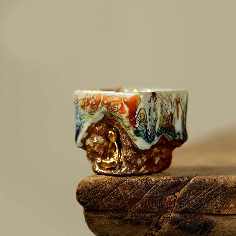 Hand-painted Dunhuang Meditating Buddha Shino Ceramic Teacup – front view of seated meditating Buddha, zen pottery