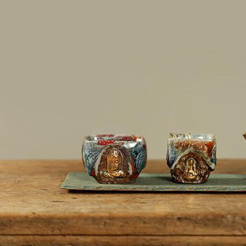 Hand-painted Dunhuang Meditating Buddha Shino Ceramic Teacup – foot of cup unglazed clay color, traditional ceramic base