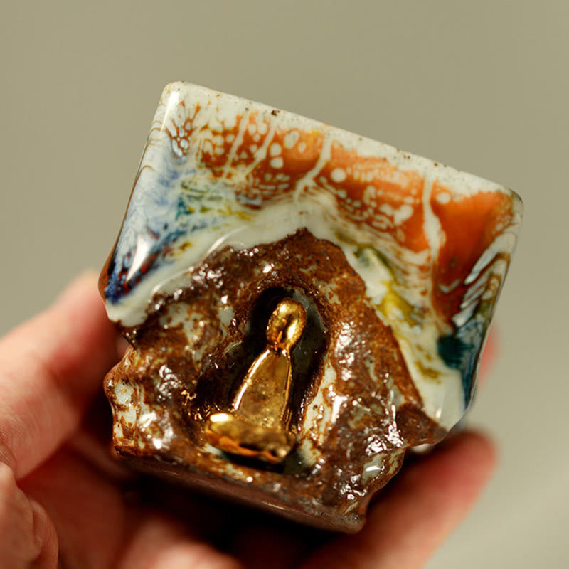 Hand-painted Dunhuang Meditating Buddha Shino Ceramic Teacup – Shino glaze with natural crackle pattern, ceramic texture