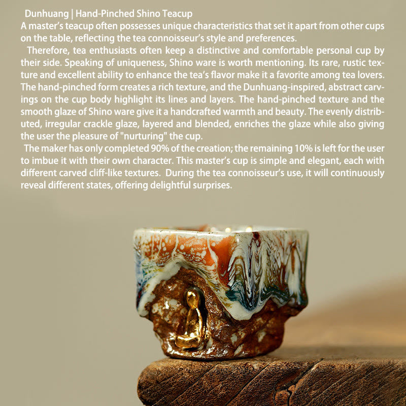Hand-painted Dunhuang Meditating Buddha Shino Ceramic Teacup – interior cream glaze surface, smooth drinking lip