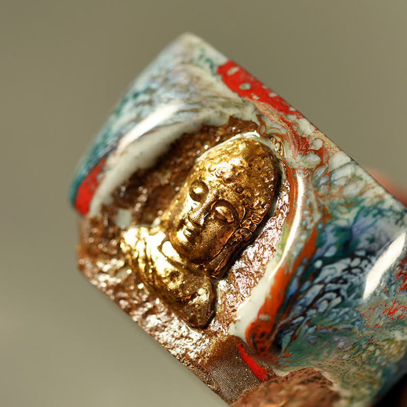 Hand-painted Dunhuang Meditating Buddha Shino Ceramic Teacup – Buddha closed eyes and peaceful face, serenity detail