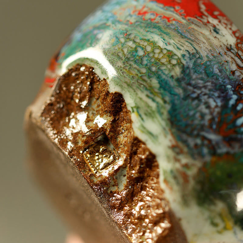 Hand-painted Dunhuang Meditating Buddha Shino Ceramic Teacup – Shino glaze running effect on exterior, kiln art beauty