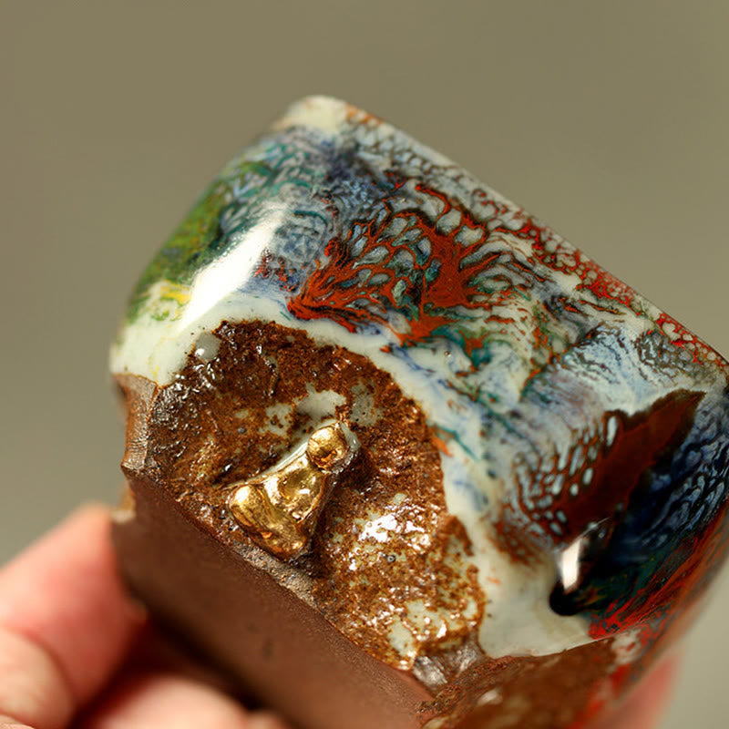 Hand-painted Dunhuang Meditating Buddha Shino Ceramic Teacup – steam rising from hot tea in cup, sensory experience