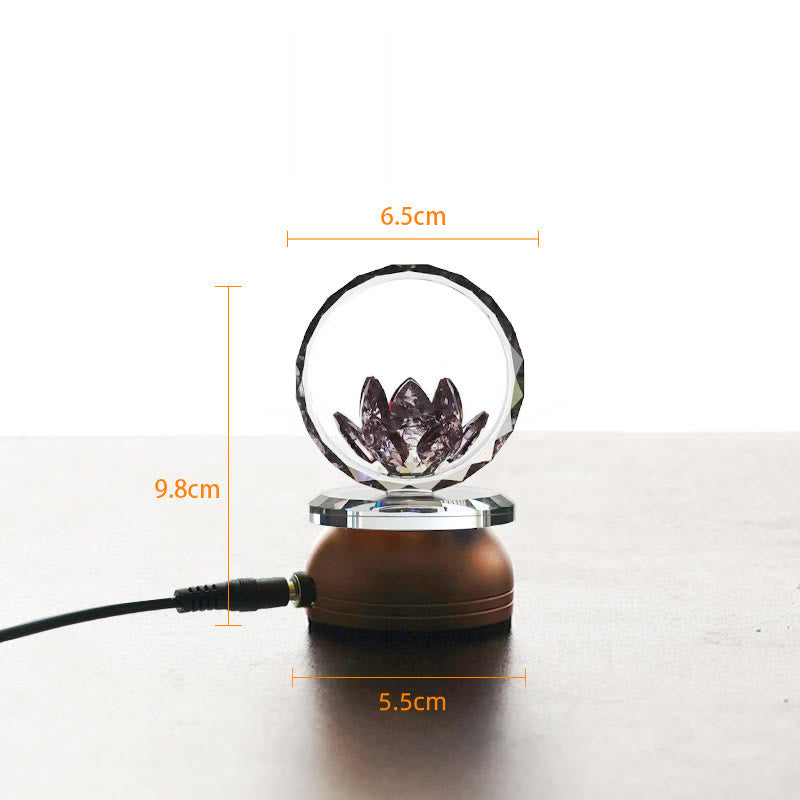 Crystal ball with 3D etched lotus on wooden base with measurements, lotus decor