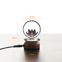Crystal ball with 3D etched lotus on wooden base with measurements, lotus decor