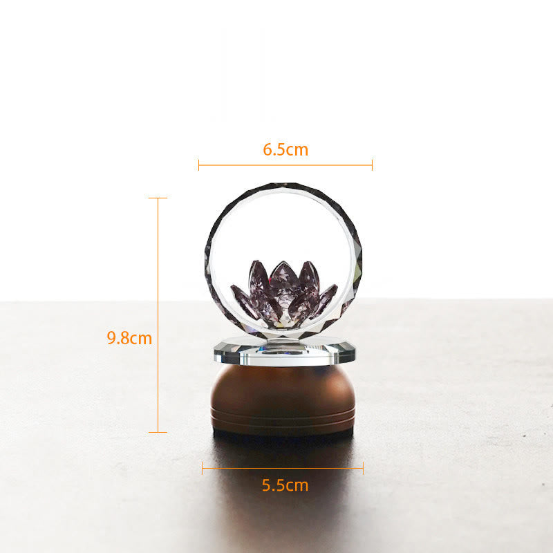 Crystal sphere with laser-etched lotus on bronze pedestal, lotus decoration