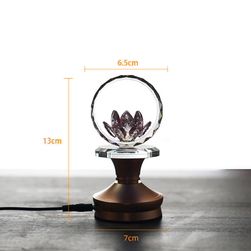Crystal lotus ring on bronze base with dimensions and power cord, lotus lamp