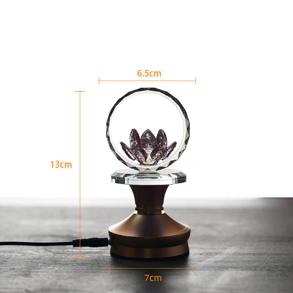 Crystal lotus ring on bronze base with dimensions and power cord, lotus lamp