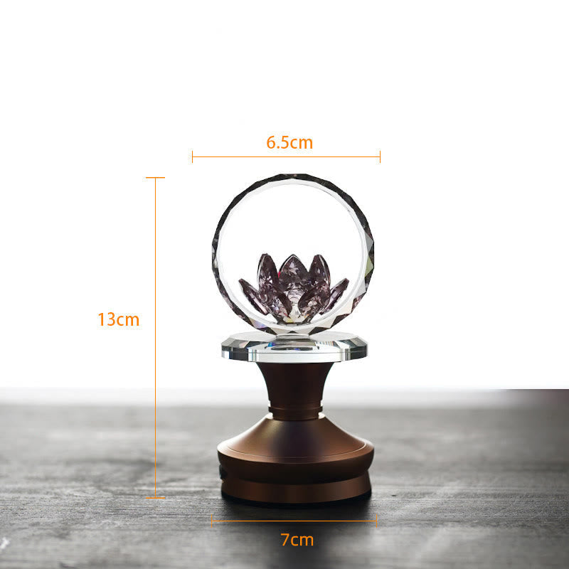 Crystal ball with etched lotus on bronze pedestal with measurements, lotus decor