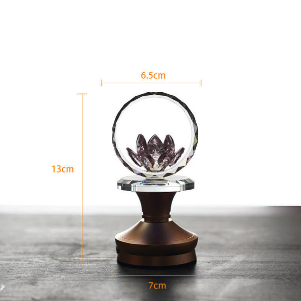 Crystal ball with etched lotus on bronze pedestal with measurements, lotus decor
