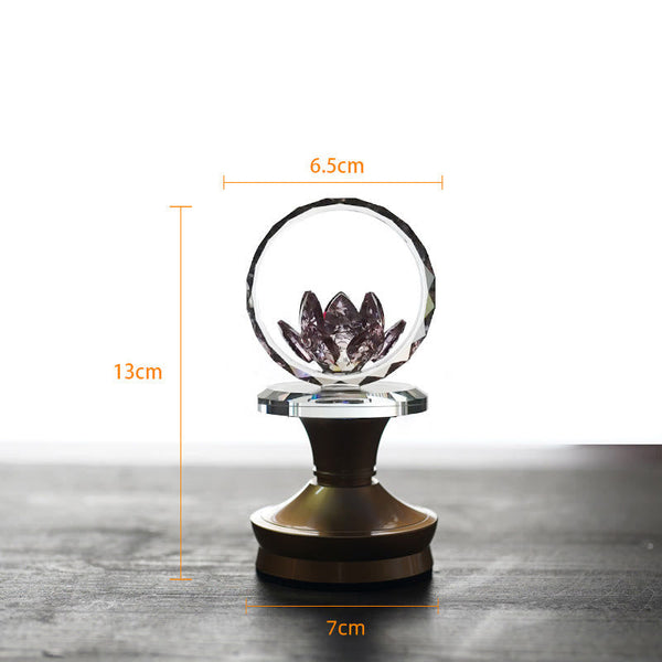 Crystal ball with 3D lotus on bronze pedestal and measurements, lotus decor