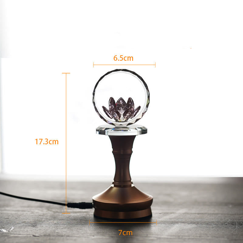 Crystal sphere lotus lamp on bronze pedestal with cord and dimensions, LED lotus