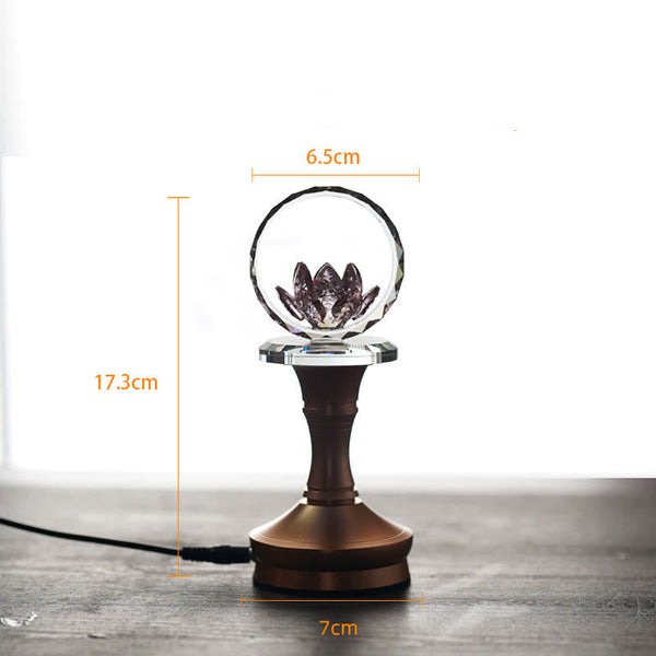 Crystal sphere lotus lamp on bronze pedestal with cord and dimensions, LED lotus