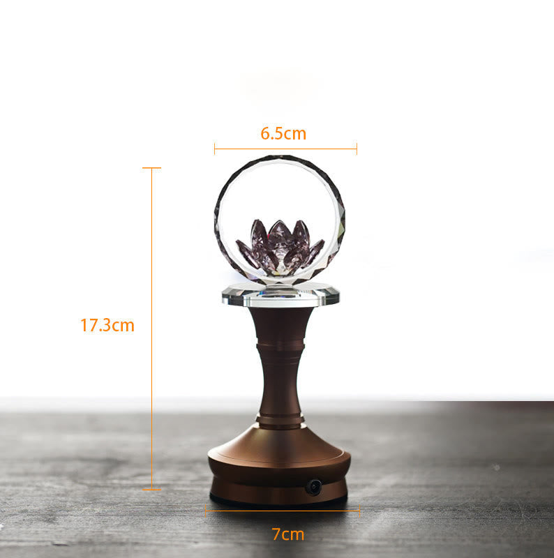 Crystal sphere with etched lotus on bronze base with measurements, lotus gift
