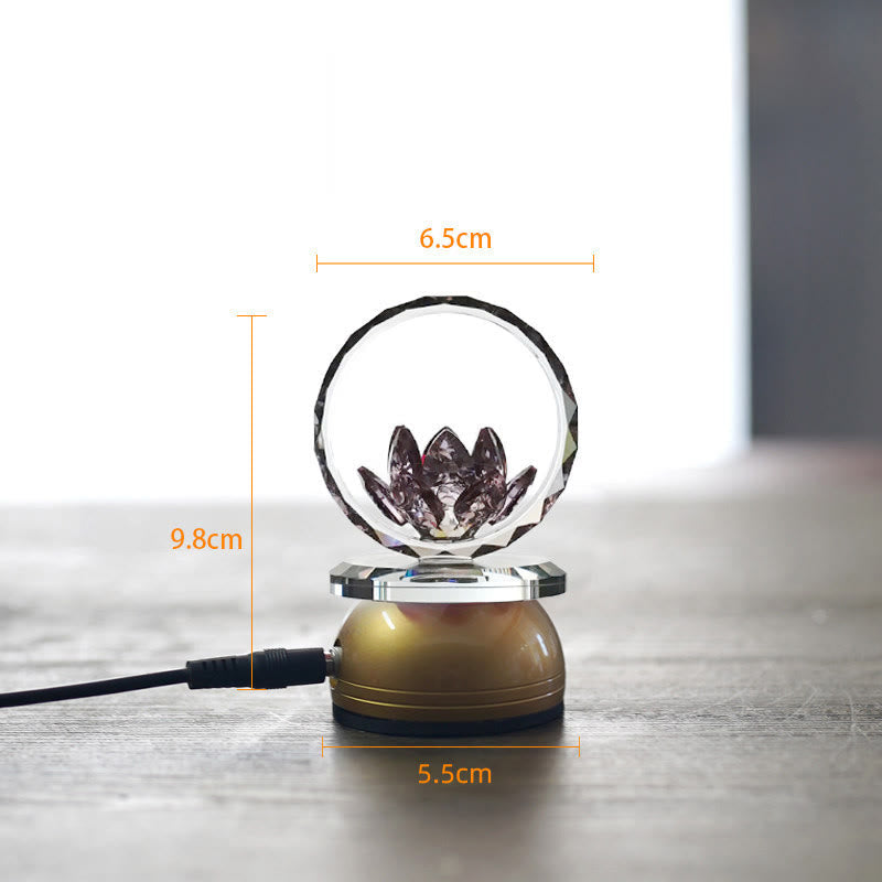 Crystal sphere lotus on gold rotating base with dimensions, lotus decoration