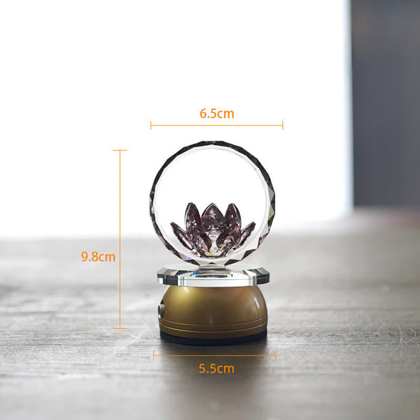 Faceted crystal sphere with etched lotus on gold base, lotus display piece