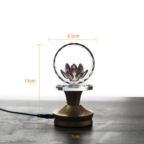 Crystal sphere lotus lamp on bronze pedestal with cord, LED lotus light
