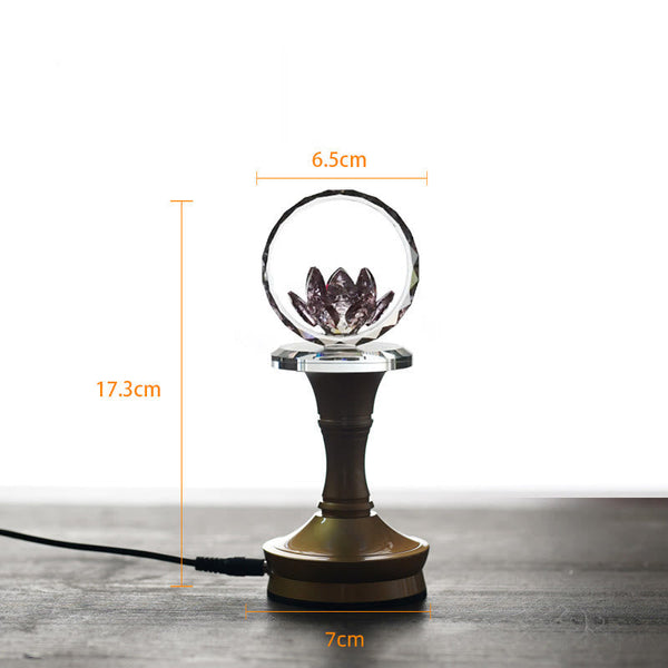 Crystal sphere lotus lamp on bronze stand with cord and specs, LED lotus lamp