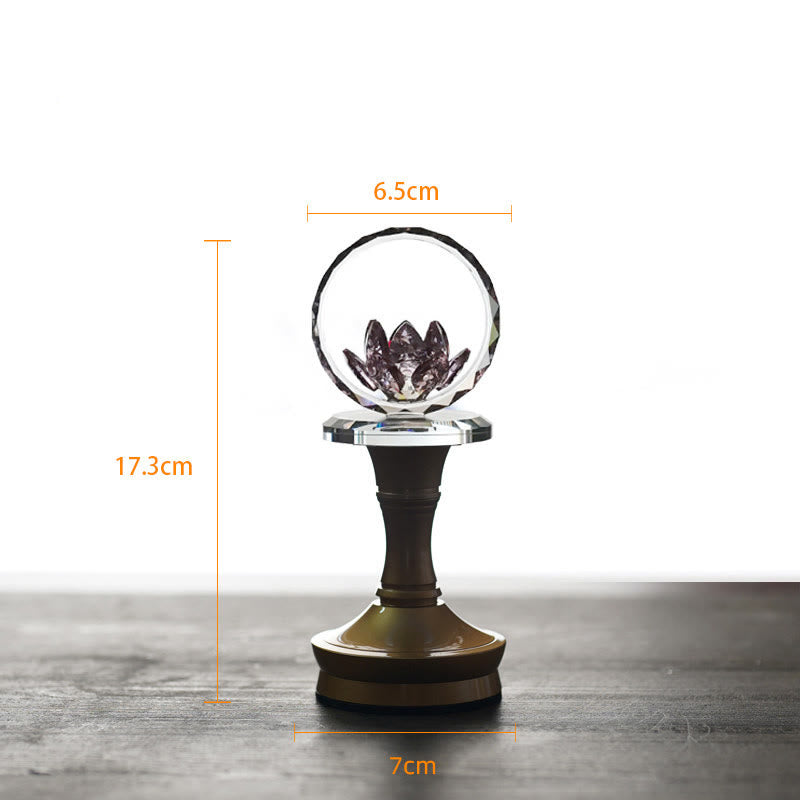 Crystal ball with etched lotus on bronze pedestal with dimensions, lotus art