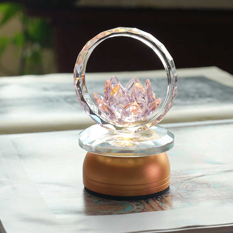 Crystal lotus in faceted ring on copper base with natural light, lotus ornament