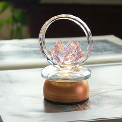Crystal lotus in faceted ring on copper base with natural light, lotus ornament