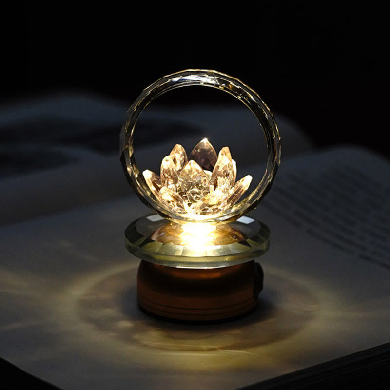 Crystal lotus ring lamp on wooden base casting warm light, LED lotus light