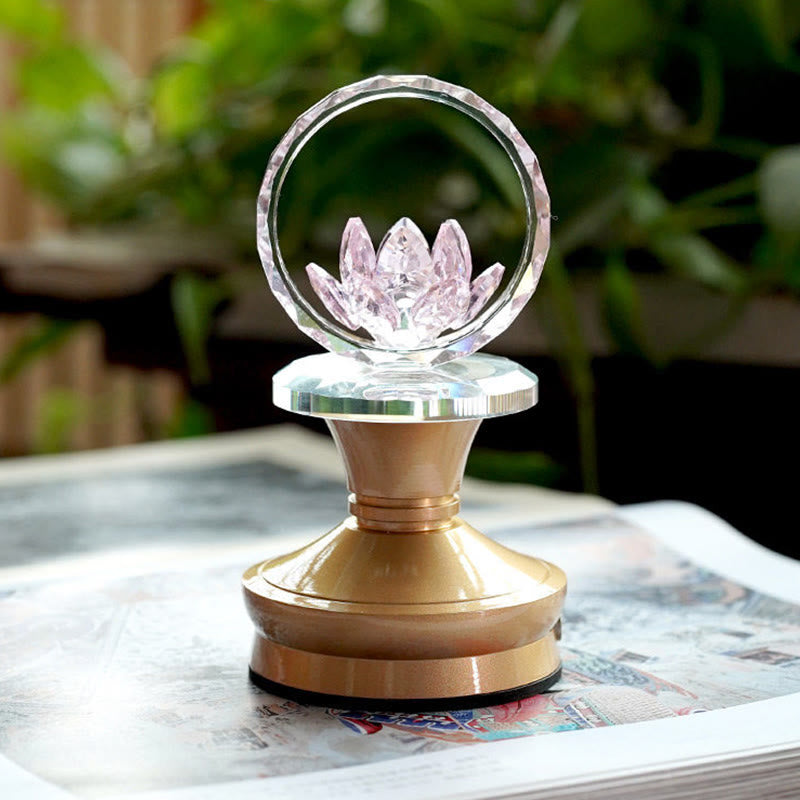 Pink crystal lotus in faceted ring on gold pedestal, crystal lotus ornament