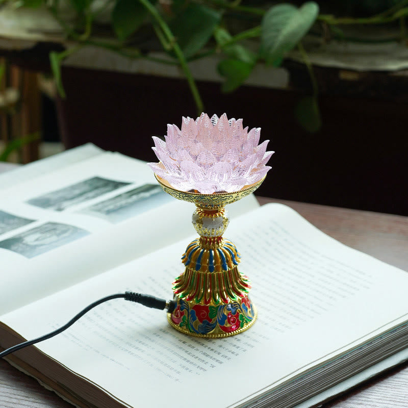 Lotus Liuli Glass Decor - pink crystal lotus flower lamp with gold cloisonne enamel base on open book, spiritual meditation light