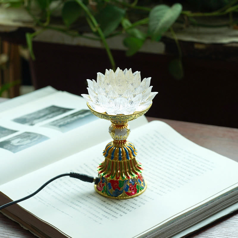 Lotus Liuli Glass Decor - clear crystal lotus flower lamp with gold cloisonne enamel pedestal on open book, traditional LED table light