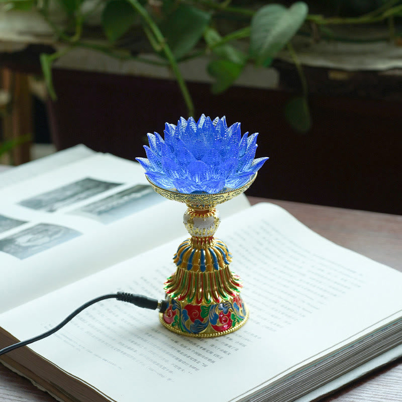Lotus Liuli Glass Decor - cobalt blue crystal lotus flower lamp with gold enamel base on open book, Buddhist altar light