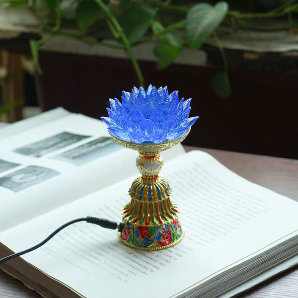 Lotus Liuli Glass Decor - cobalt blue crystal lotus flower lamp with gold enamel base on open book, Buddhist altar light