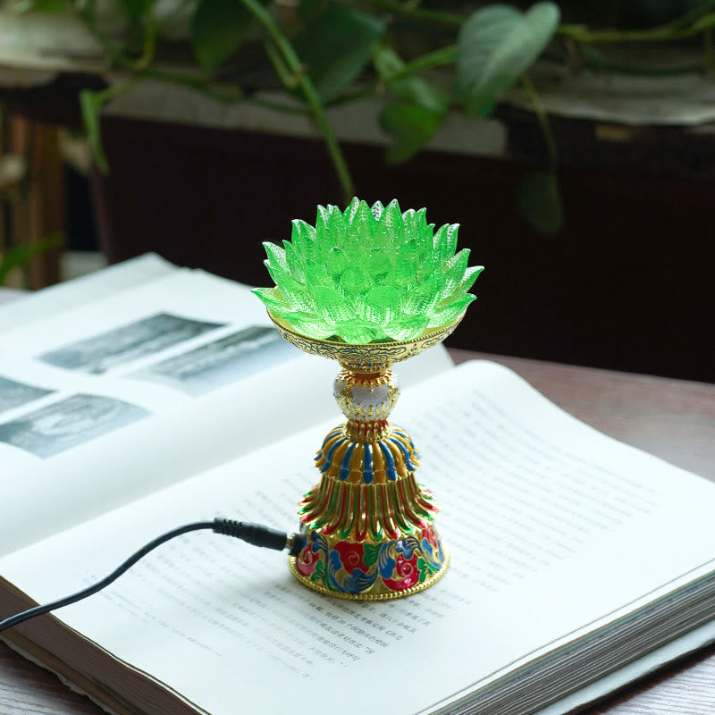 Lotus Liuli Glass Decor - green LED lotus flower lamp with glowing crystal petals on gold cloisonne base, spiritual meditation decor